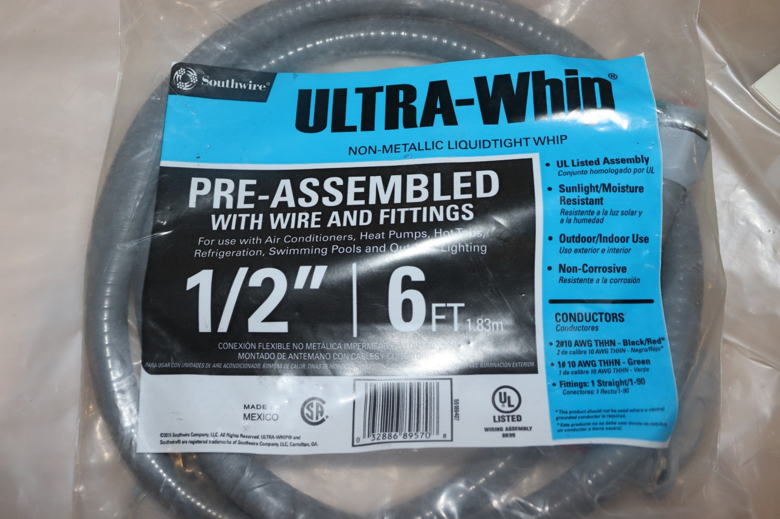 Southwire Ultra Whip Non Metallic Liquid Tight Whip 1/2" x 6' Pre Assembled. SW