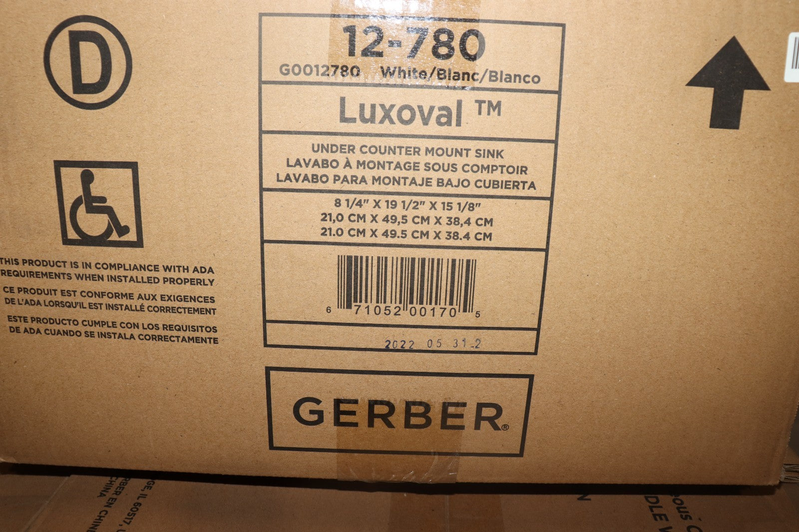Gerber 12-780 Luxoval Undermount Bathroom Sink, 8-1/4"x19-1/2"x15-1/8", White
