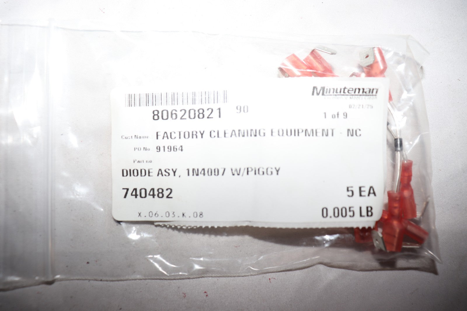 5 Pack - Minuteman 740482 Diode Assembly, 1N4007 W/Piggy