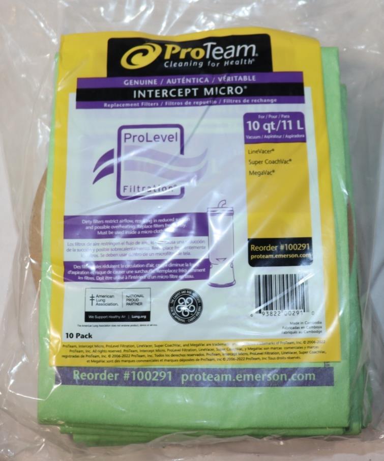 10 Pack - ProTeam Gemuine Intercept Micro 10Q / 11L Vacuum Bags, #100291