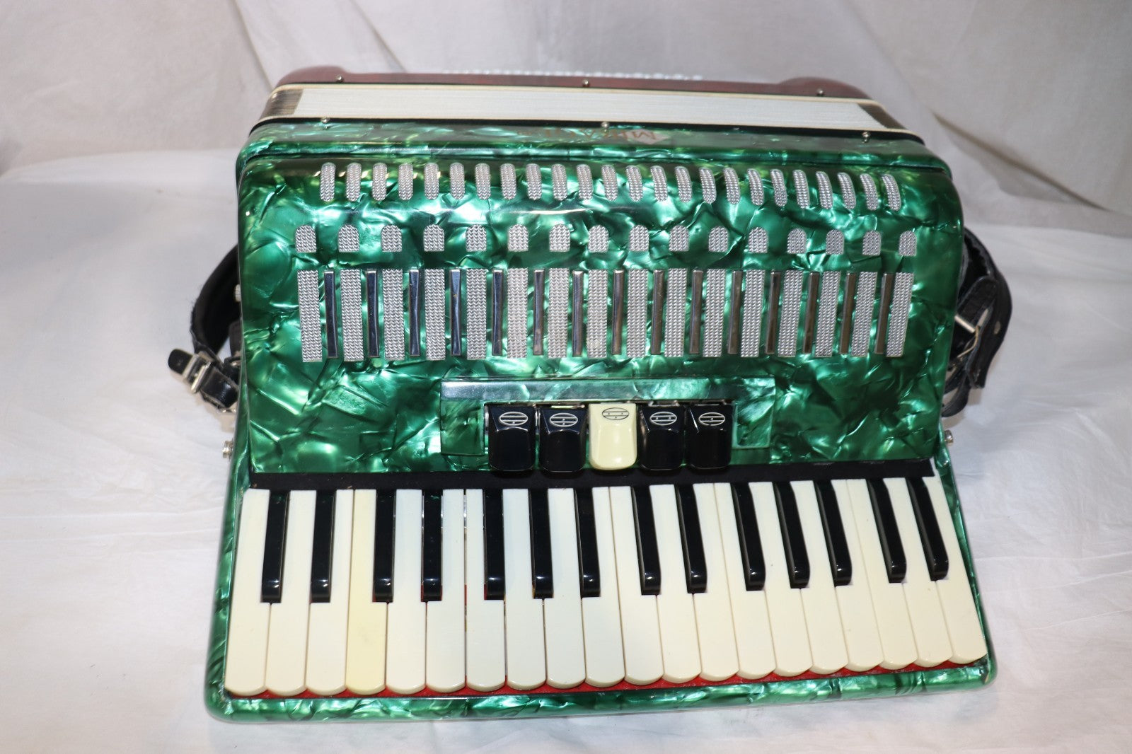 Mirage Accordian with Mexican Flag Colors, w/ Case, Used.