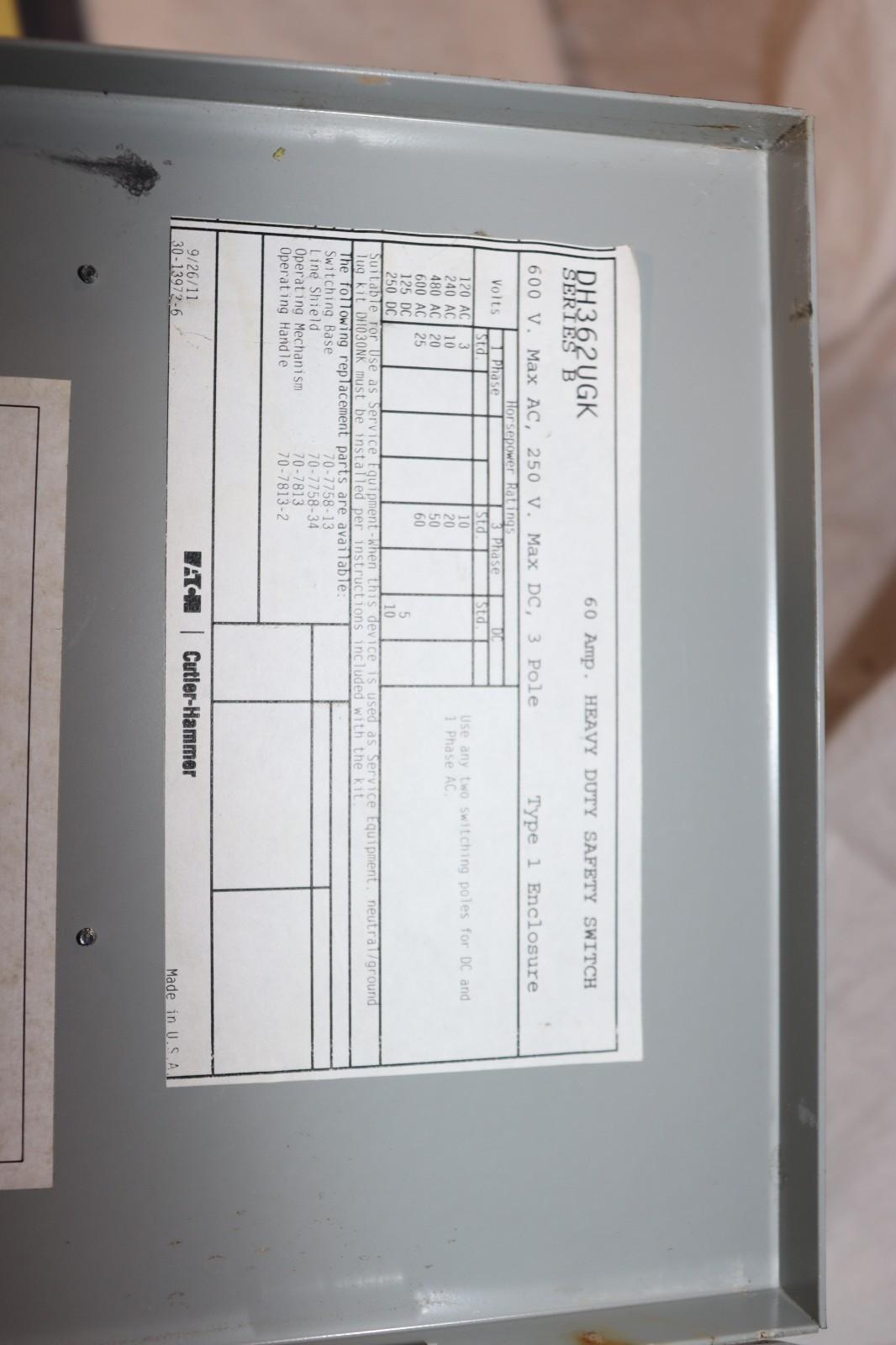 Eaton DH362UGK 60A 600V Heavy Duty Outdoor Disconnect Safety Switch, 1/3PH