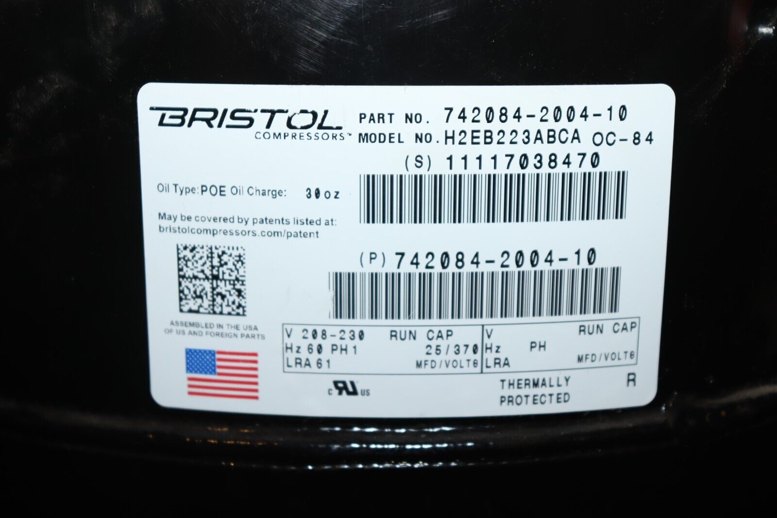 BRISTOL 62,000 BTU Reciprocating Compressor 5 HP (230/208V, 1 phase) H22A623ABCAP