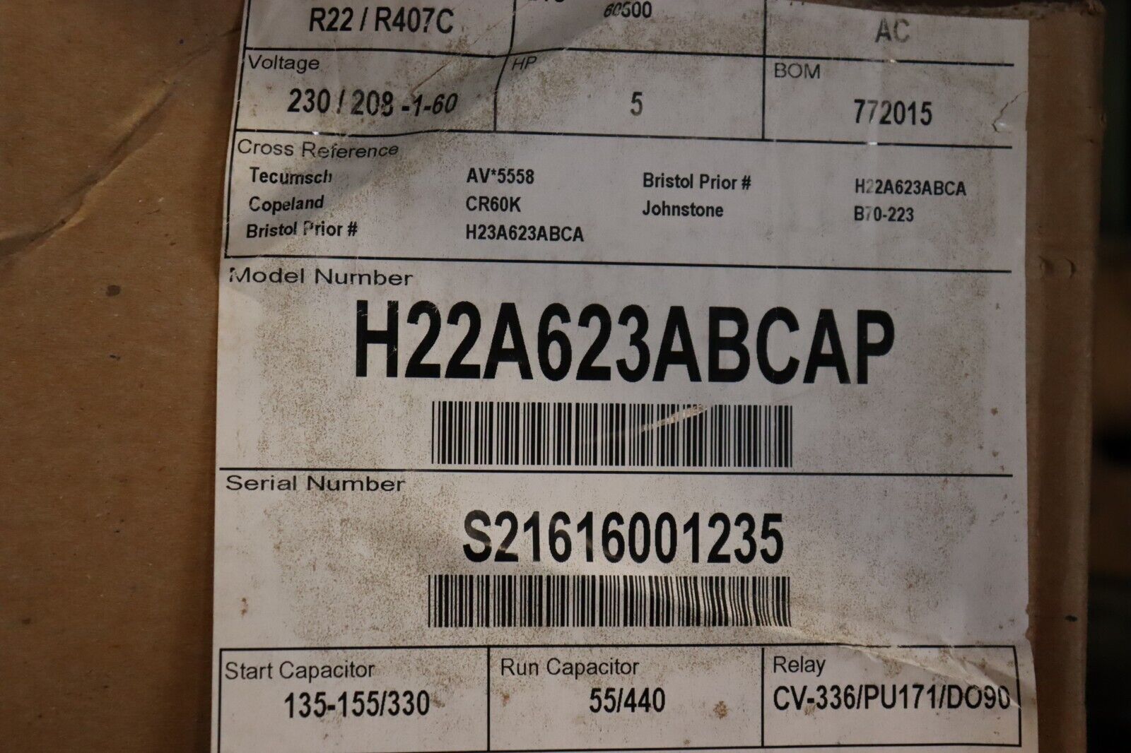 BRISTOL 62,000 BTU Reciprocating Compressor 5 HP (230/208V, 1 phase) H22A623ABCAP