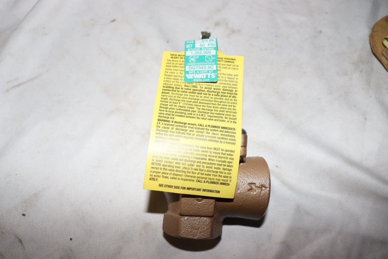Watts 3/4" 740-050 Safety Relief Valve: Iron, FNPT, FNPT, 3/4 in Inlet Size