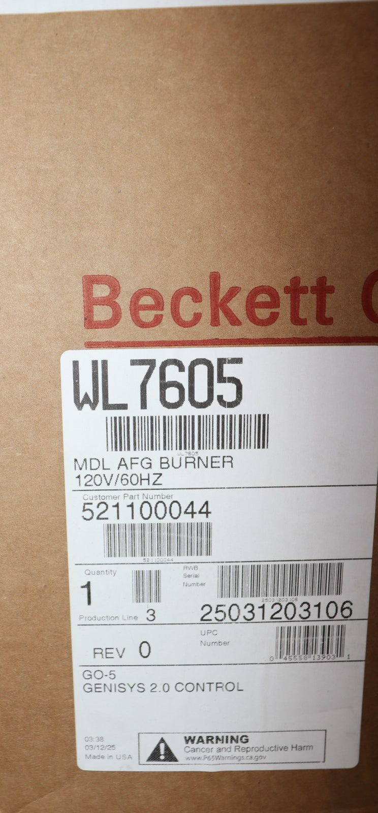 Weil-McLain 521100044 Oil Burner Beckett WL7605 #2/B100 GO5, New