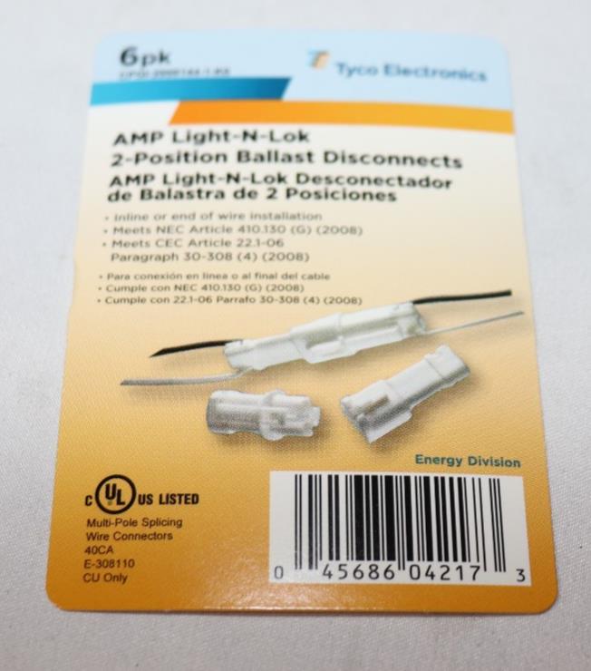 6 Tyco AMP Light-N-Lok 2 Position ballast disconnects 6" leads CPGI-2008144-1-KG