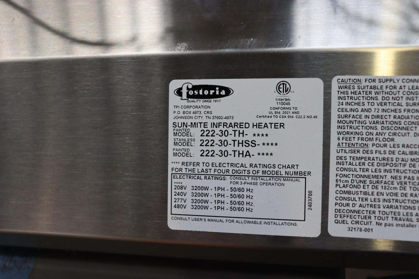 Fostoria Multi-Mount Infrared Heater 3200W, 222-30-THSS-240V, NOB