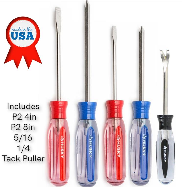5 PIECE - Husky Screwdriver Set, 2 Philips, 2 Flat Head, w/ free Tack puller - Northside Material Brokers