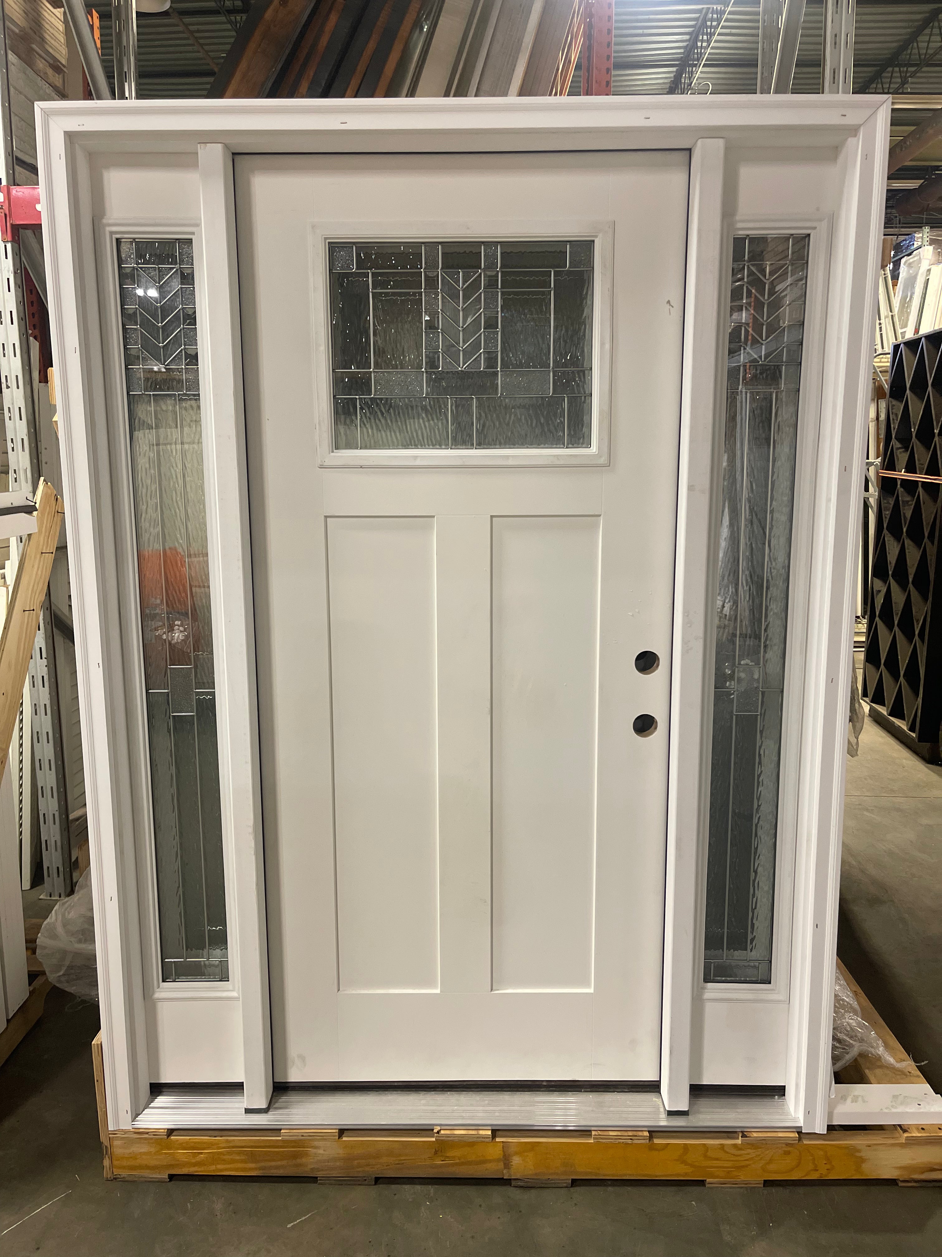 Exterior Front Entry Craftsman Decorative Door 36 Inch with 10 Inch Side Lites in Frame Fiberglass
