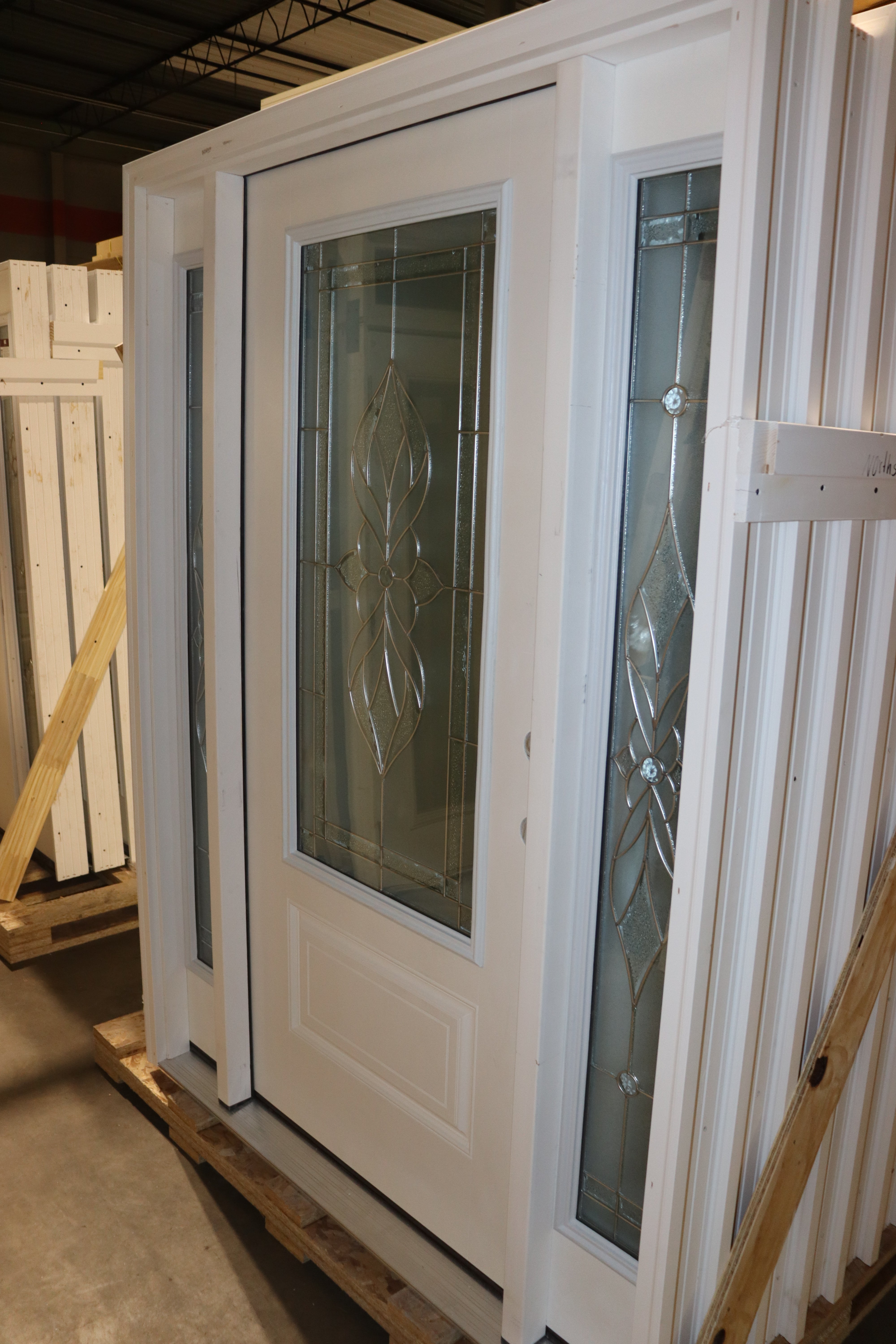 Exterior Front Entry Decorative Glass Door 36 Inch with 10 Inch Side Lites in Frame, Fiberglass