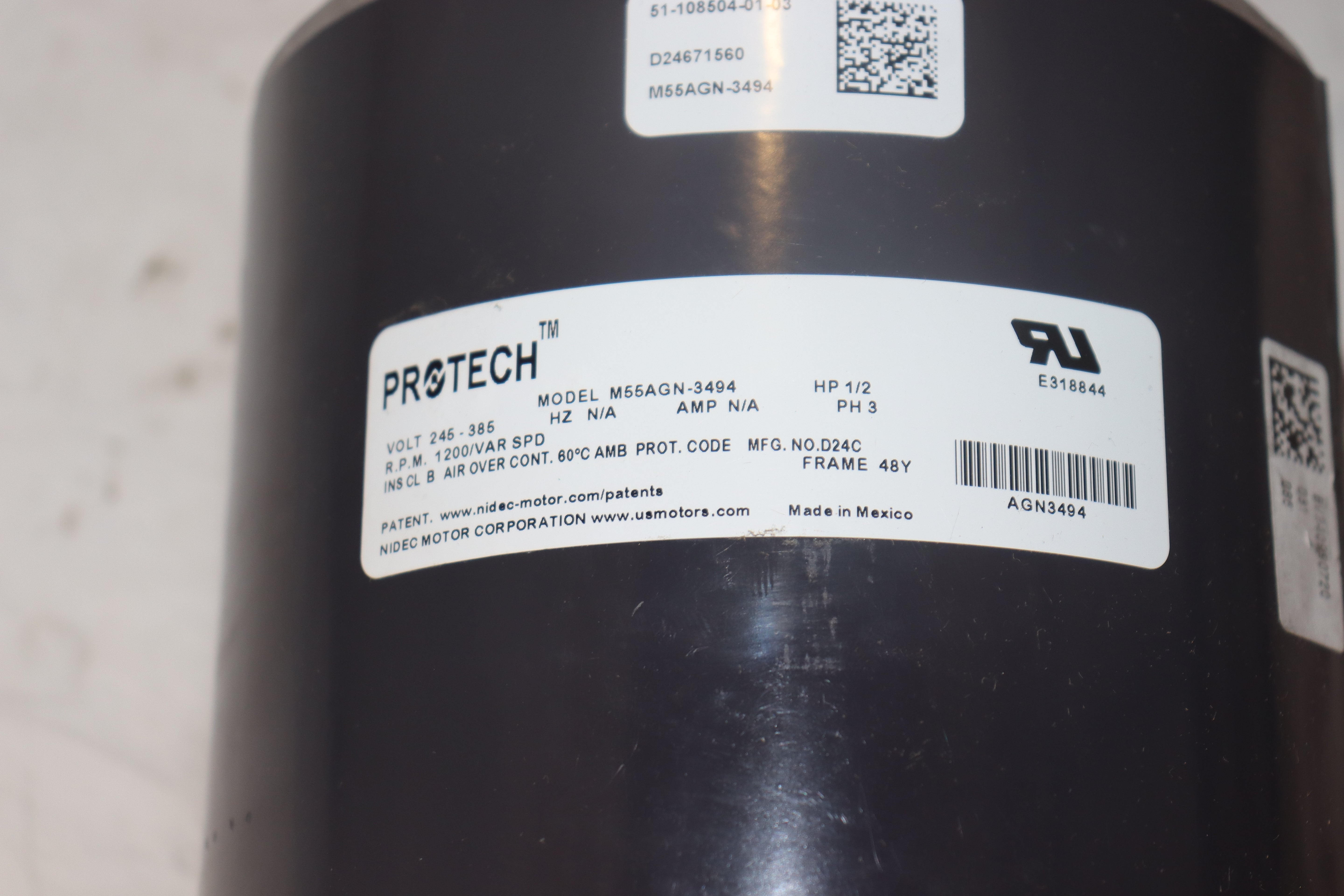 ProTech M55AGN-3494 Condenser Motor 245-385V 1/2HP 1200/VAR SPD