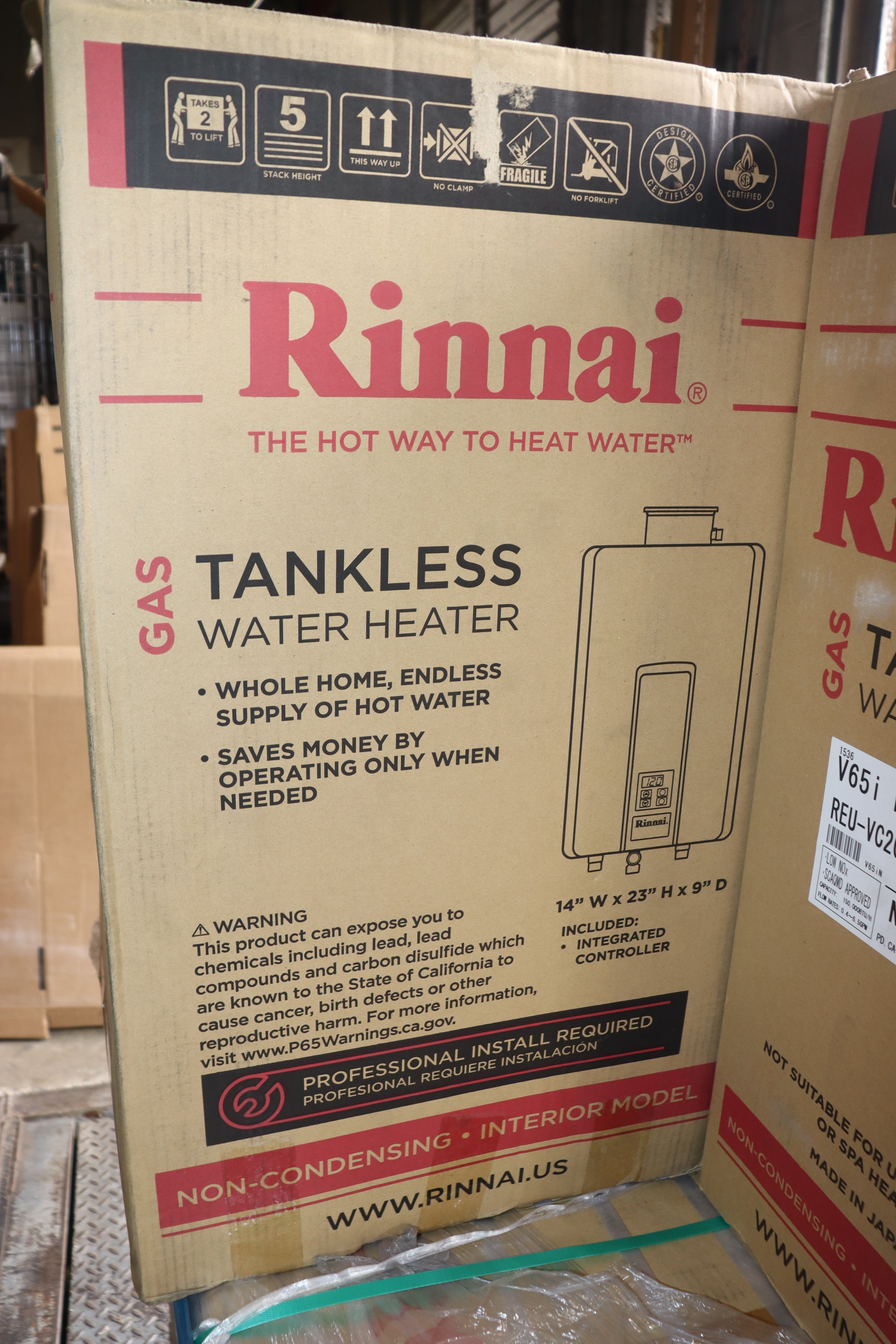 Rinnai V65iN Natural Gas Tankless Water Heater 6.5 GPM Indoor, 150K BTU/h, Wi-Fi Capable