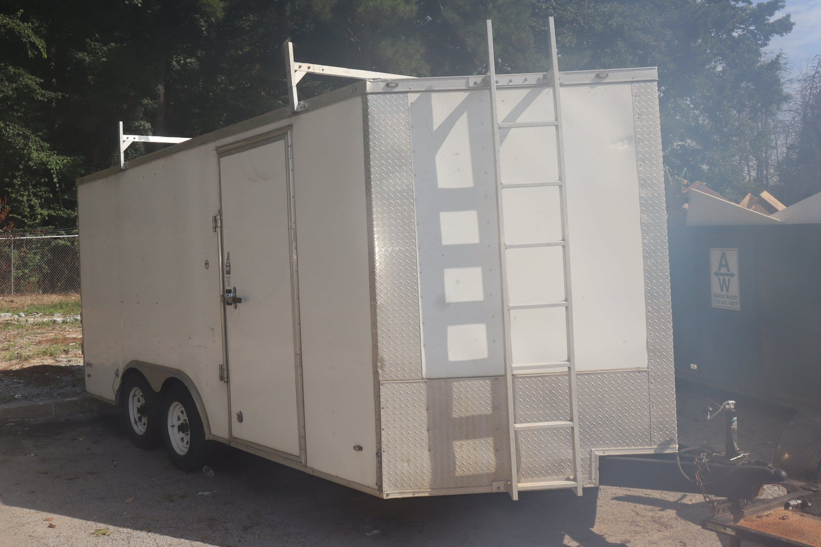 Enclosed Construction Trailer, 8.5' x 16' w/ Roof Rack & Ladder, White, Hinged Doors