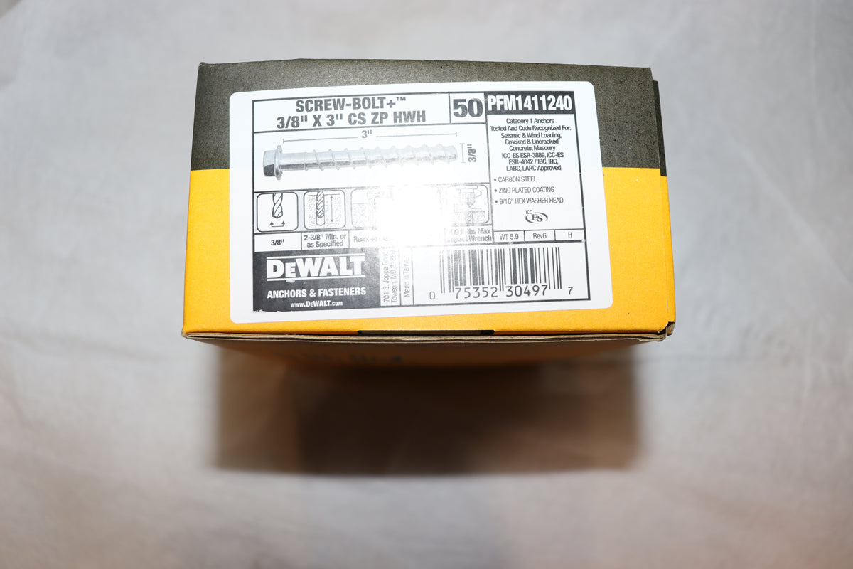 50 Pack - DeWalt Screw Bolt 3/8" x 3" CS CP, 9/16" Hex Head, PFM1411240