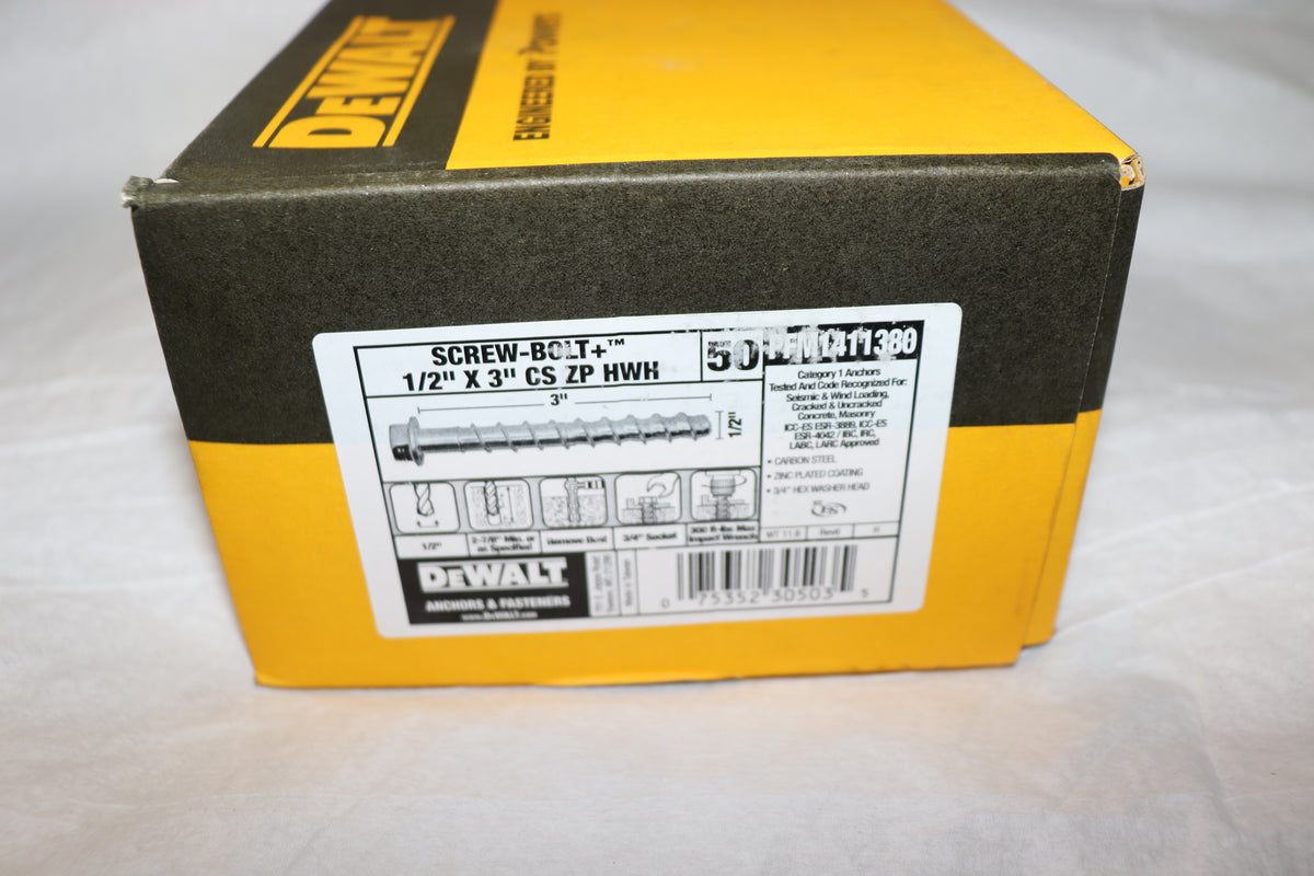 50 Pack - DeWalt 1/2" x 3" Screw Bolt, Carbon Steel, PFM1411380
