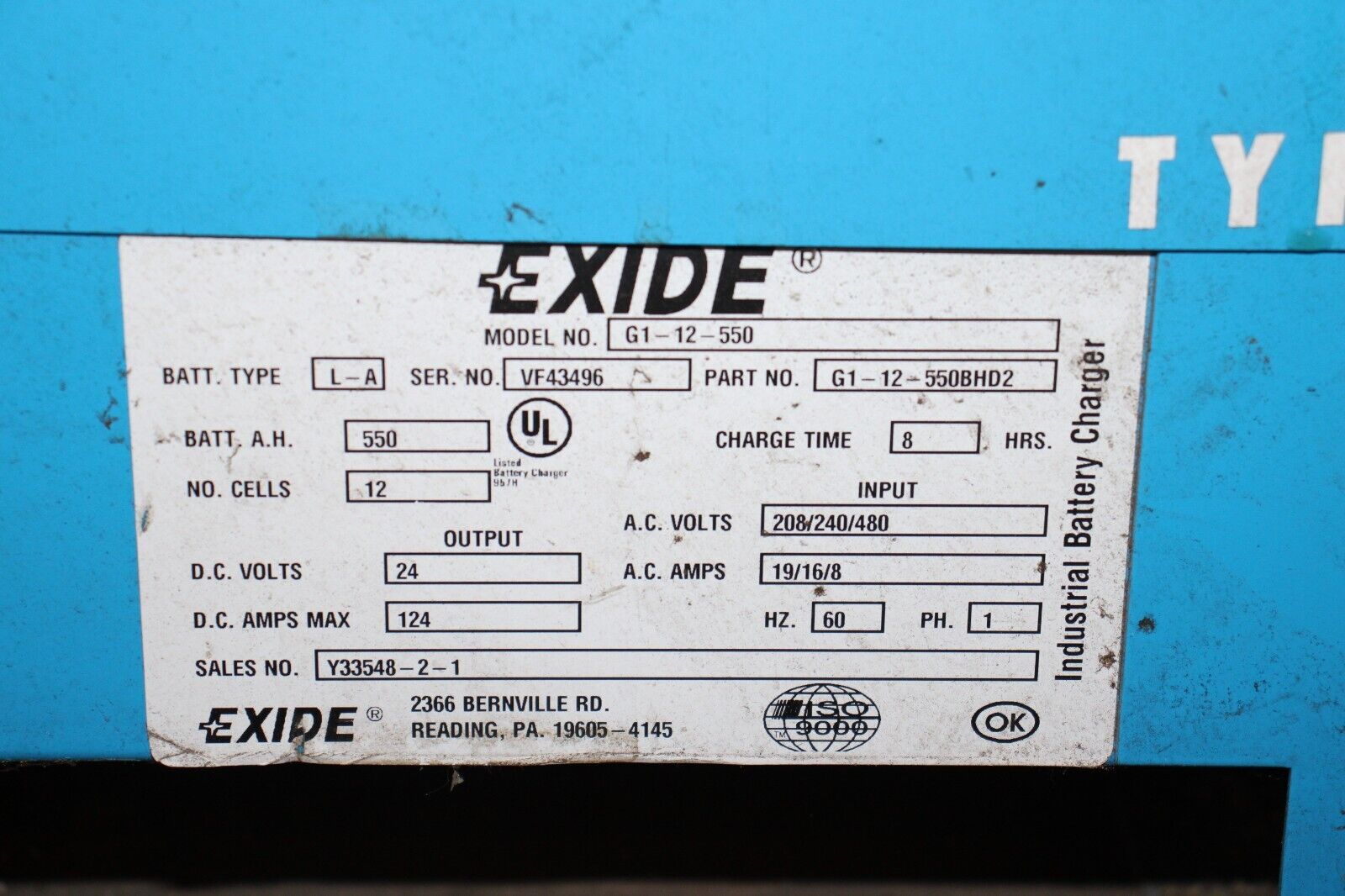 EXIDE SYSTEM 1000 TYPE G COMMERCIAL CHARGER G1-12-5508HD2 - Northside Material Brokers