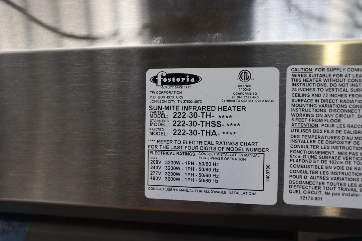 Fostoria Multi-Mount Infrared Heater 3200W, 222-30-THSS-240V, NOB - Northside Material Brokers