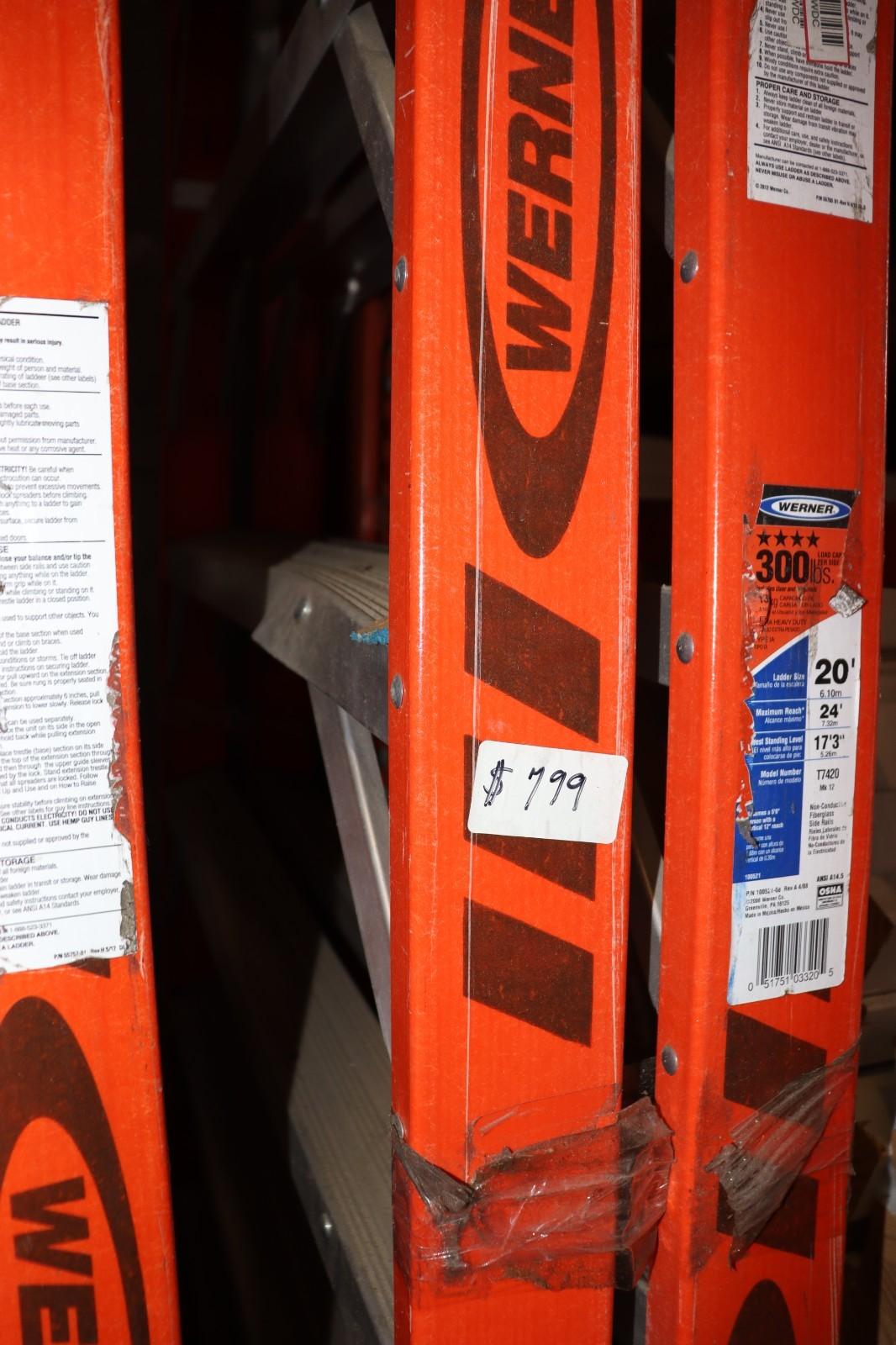 Warner T 7420 20 ft. Fiberglass Twin Stepladder, 300 Lbs, Used, 23.9 ft Reach - Northside Material Brokers