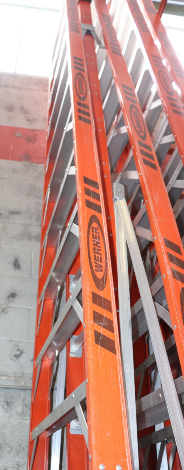 Werner E7416 16 ft Fiberglass Extension Trestle Step Ladder 300 lb., 20 Ft Reach, Used - Northside Material Brokers
