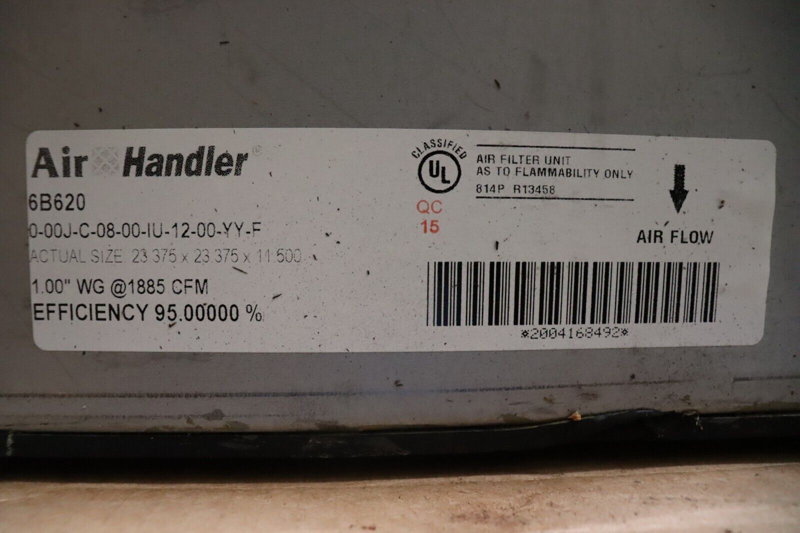 Air Handler 6B620 HEPA Air Filter: 24 in x 24 in x 12 in, Downstream Face