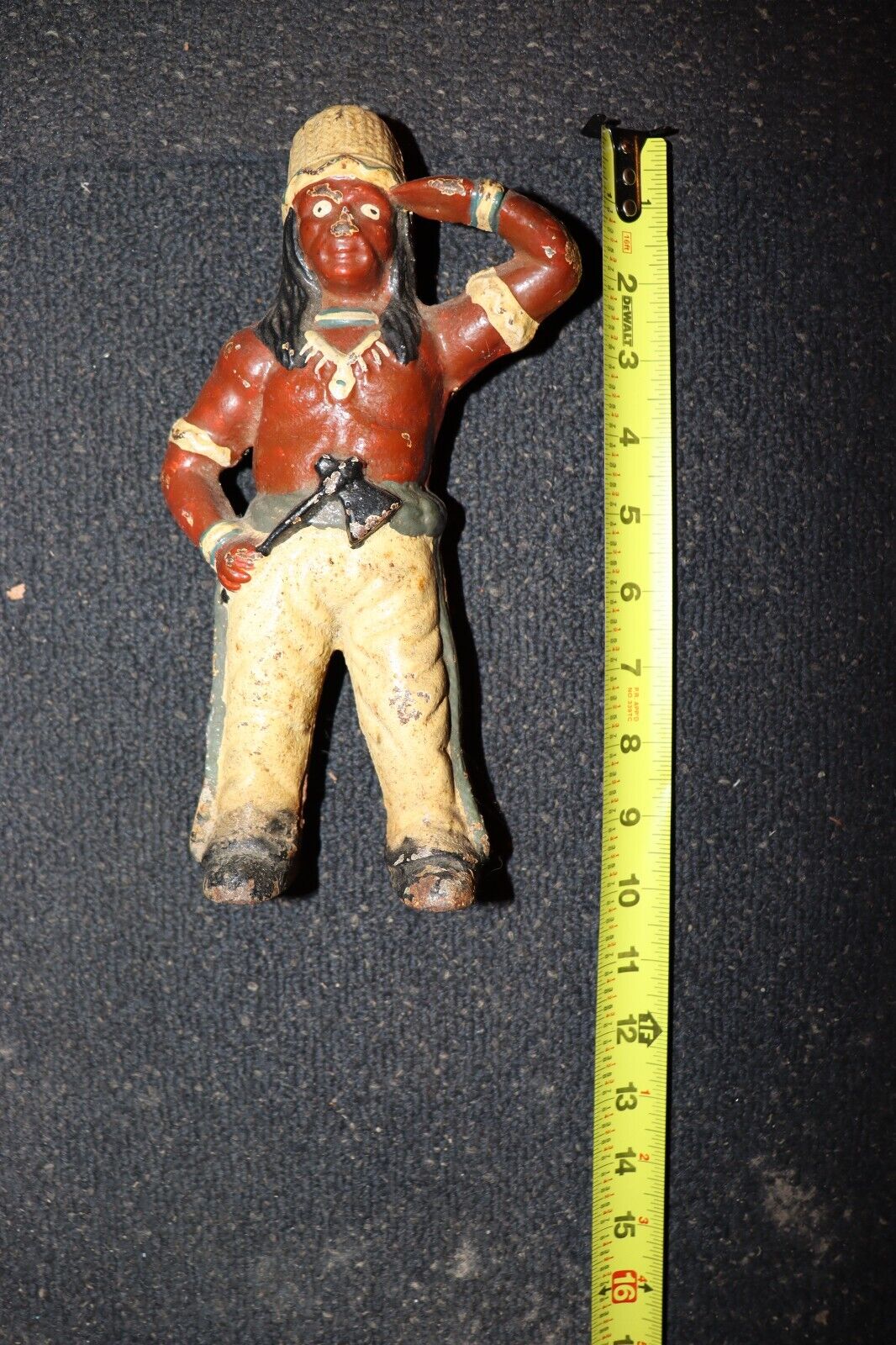 Coin Bank Antique Cast Iron Native American Indian Chief 10 Inch Tall Tomahawk