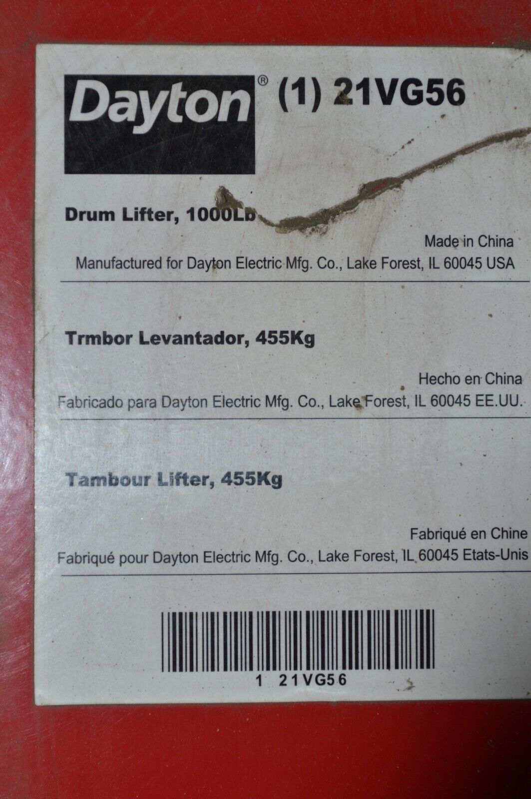 Barrell Drum Lifter 1000 lbs. Capacity DAYTON 21VG56