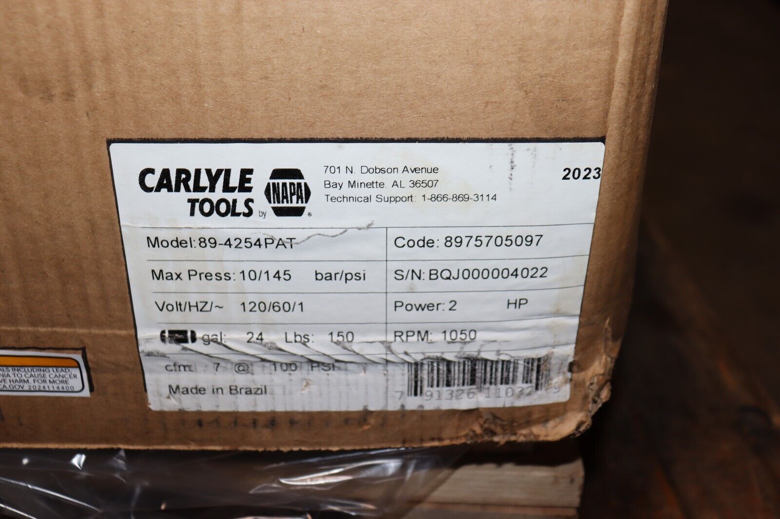 Napa Carlyle Tools Air Compressor 24 Gallon 135 PSI 89-4254PAT, 120V