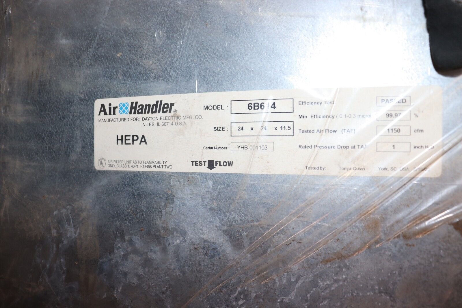 Air Handler 6B614 Microfiber Hepa Air Filter, 11.5X24x24" (NEW)
