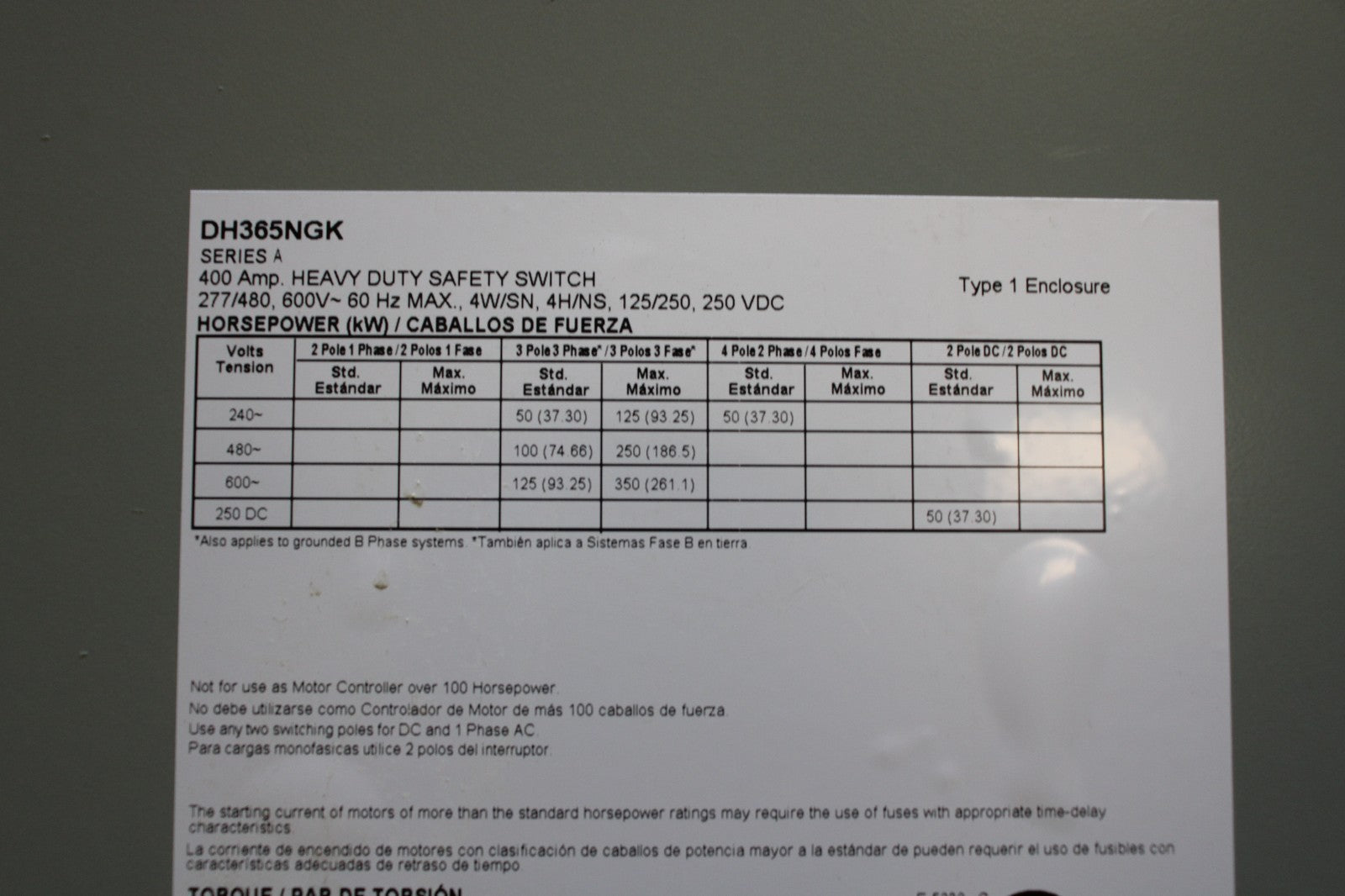Eaton DH365NGK 400 Amp 600V 3 Phase 4 Wire Fusible Disconnect