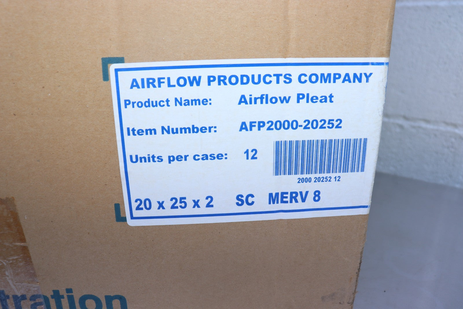 12 Pack - Airflow Products 20X25X2 Merv 8 Pleated Air Filter, PN AFP2000-20252