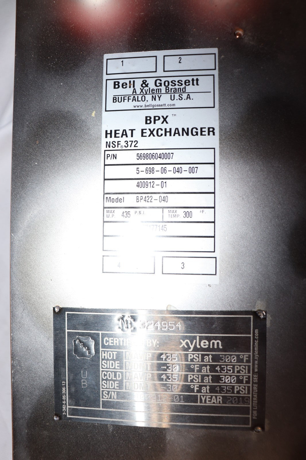 BELL & GOSSETT BPX Heat Exchanger 60 Plate Copper/Stainless BP422-060 Xylem
