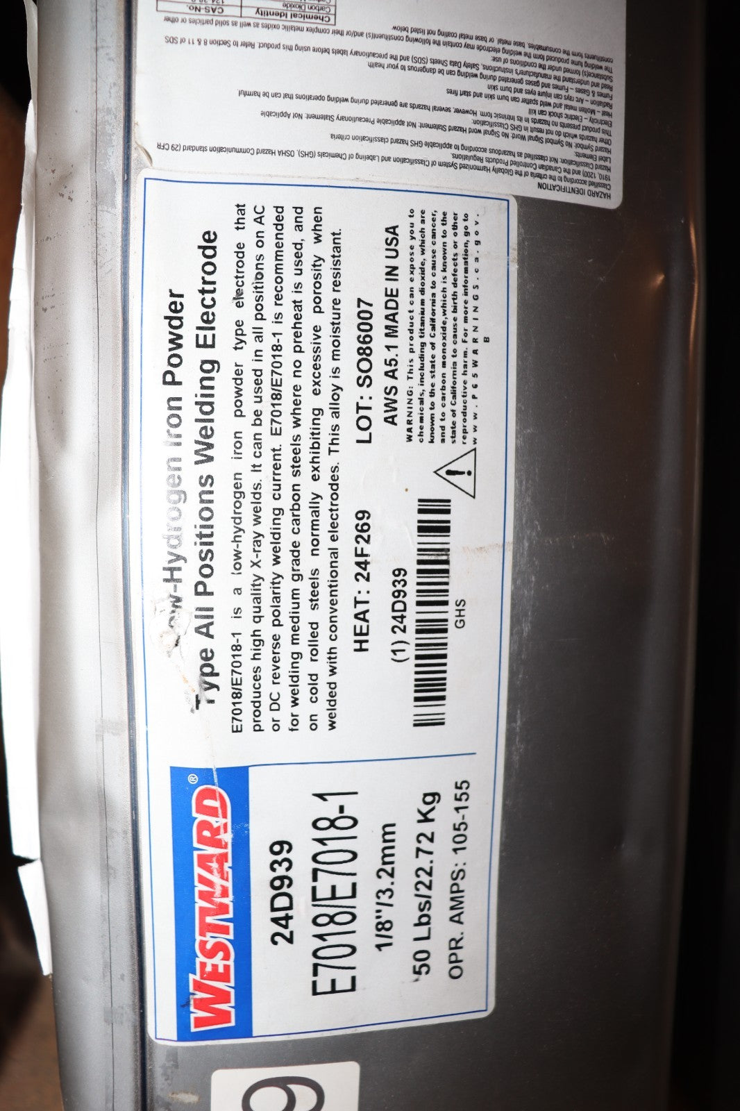 WESTWARD Stick Electrode: Carbon Steel, E7018-1, 3/16 in x 14 in, 50 lb, 24D939