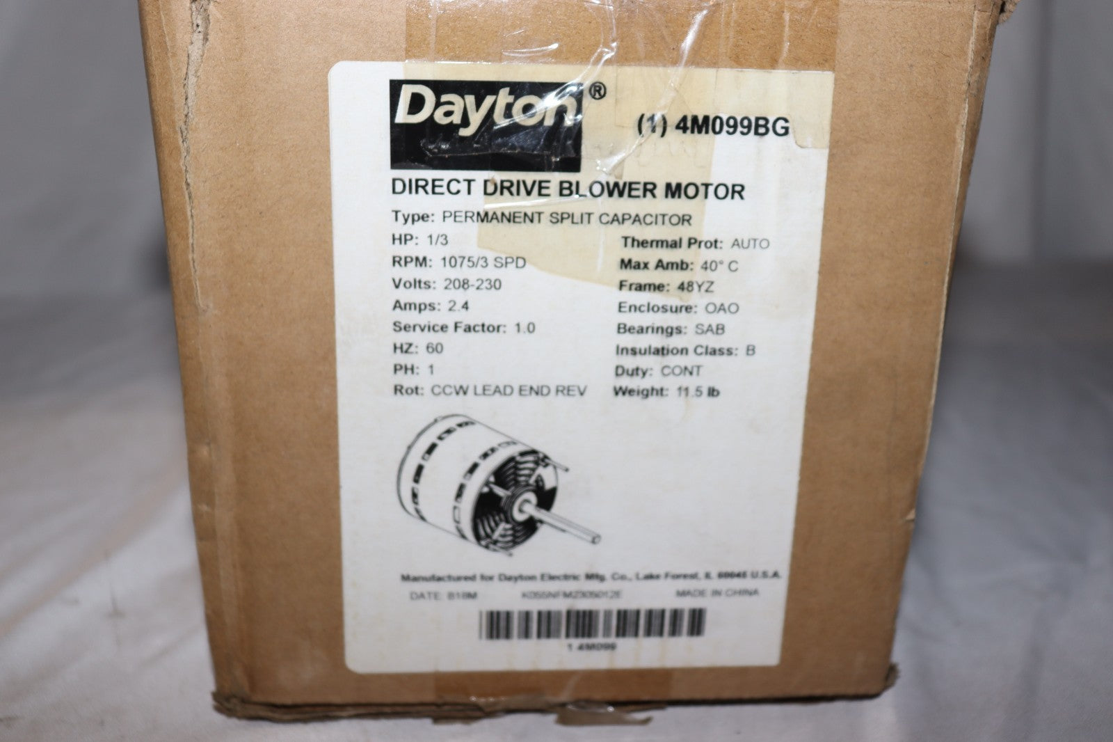 Dayton 4M099BG Direct Drive Blower Motor: 3 Speed, 1/3 HP, 208/230V, Open Box
