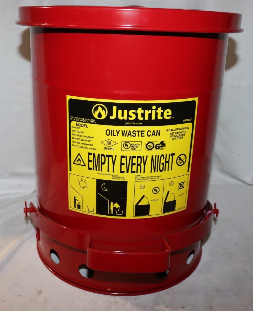 Justrite 09100 Oily Waste Can, 6 Gallon Capacity, Galvanized Steel, Red, Foot
