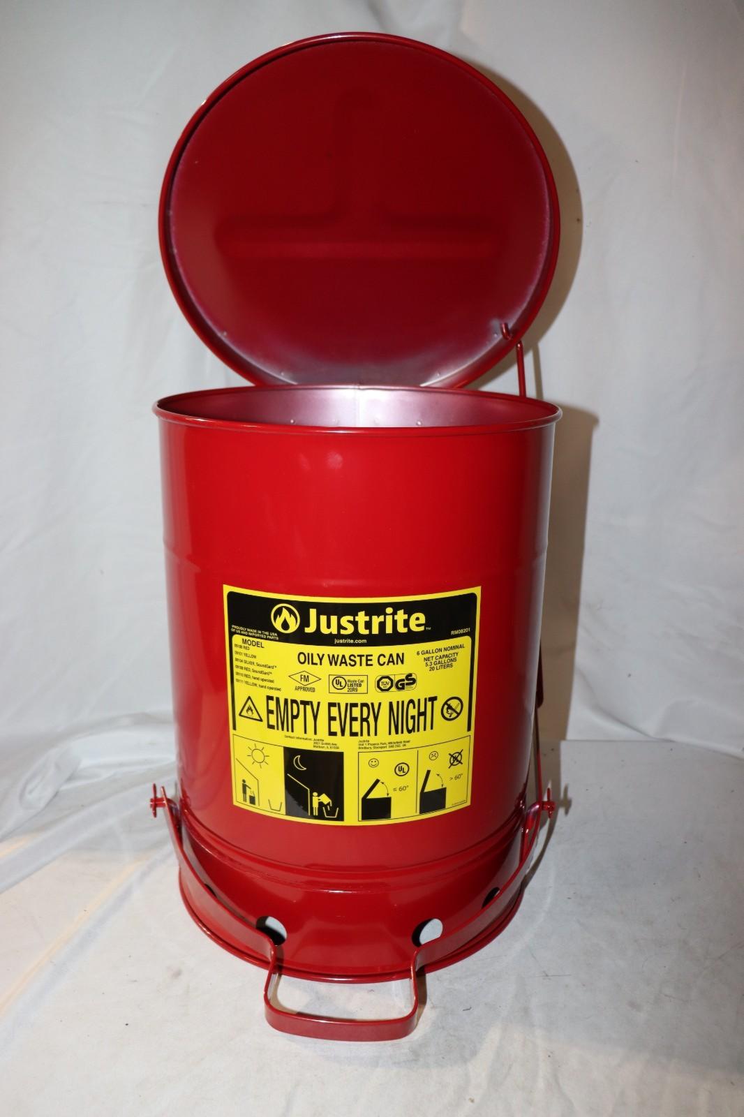 Justrite 09100 Oily Waste Can, 6 Gallon Capacity, Galvanized Steel, Red, Foot