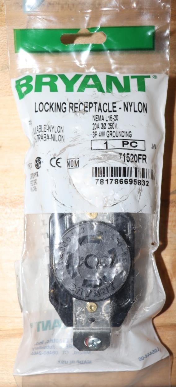 Bryant Locking Receptacle: 71520FR, 20 A, 250V AC, Black, 3 Poles