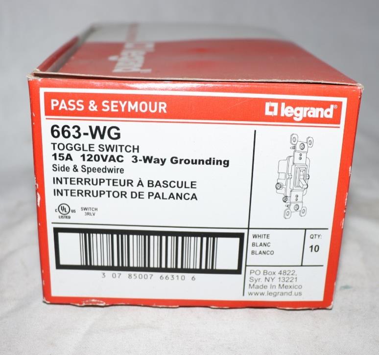 10 Pack -  Pass & Seymour 663-WG 15 Amp 120 VAC 3-Way White Toggle Switch