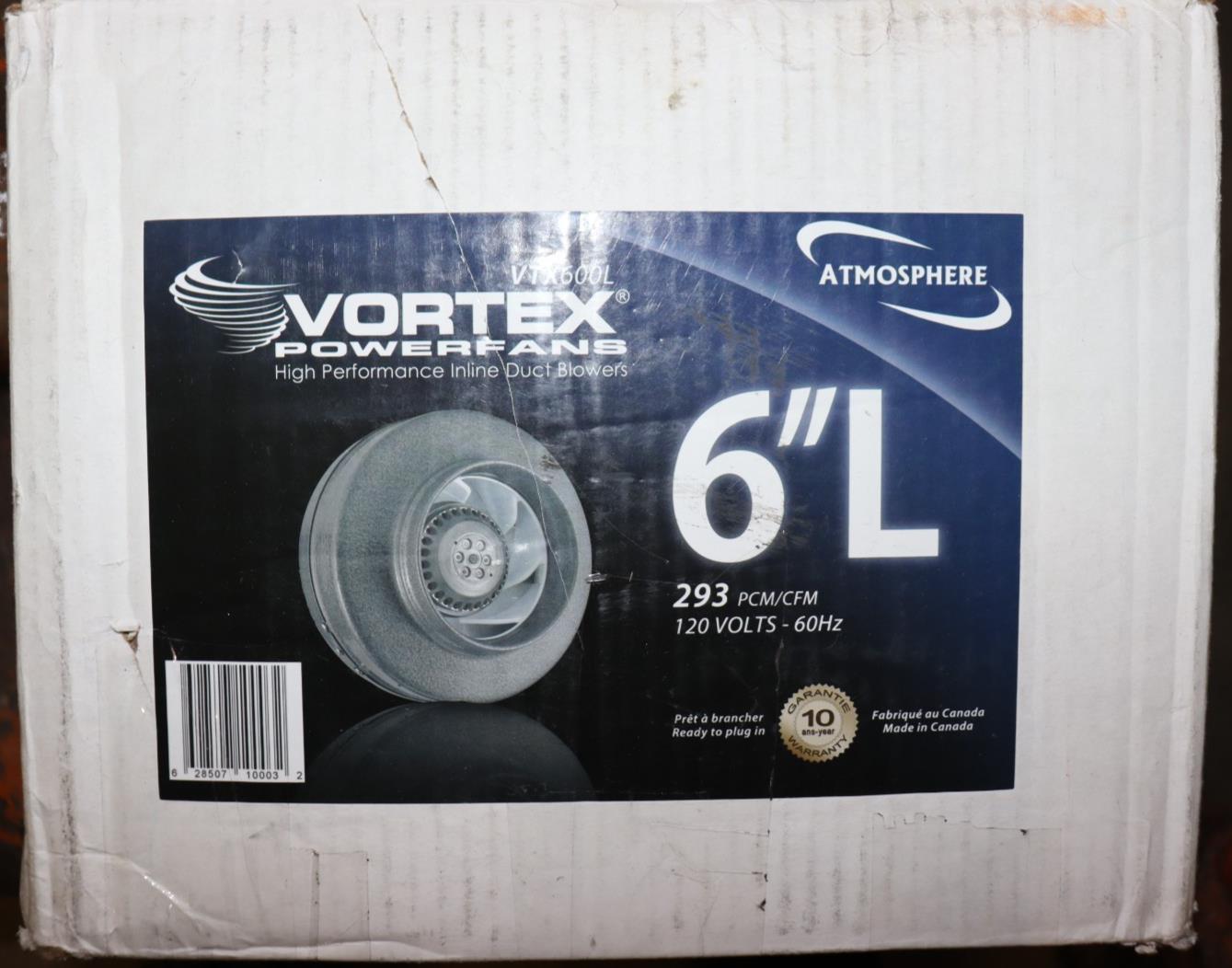 Vortex L Series Powerfan 6" In-Line Duct Fan, VTX600L, 293 CFM, 120V, New