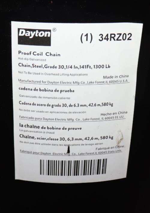 Dayton 34RZ02 Proof Coil Chain, 1/4 In, 141 Foot Long, 1300 Lb