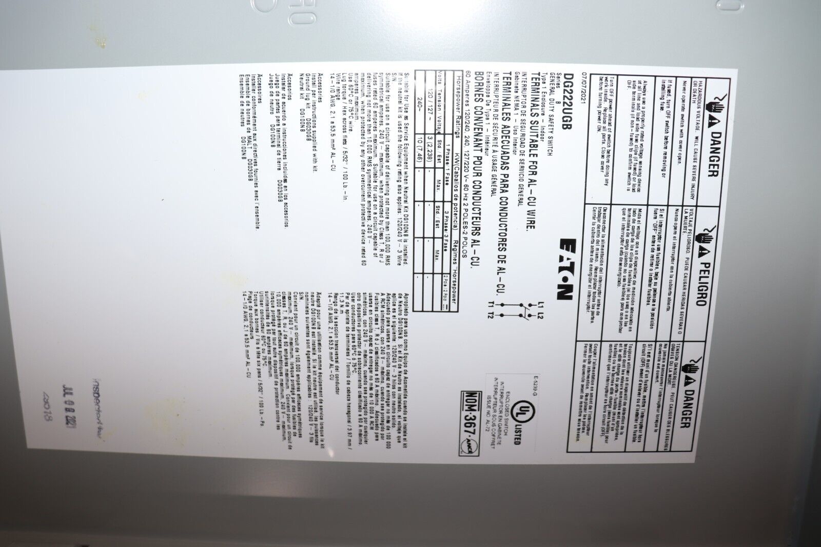 Eaton General Duty 60 Amp Non-Fusible Indoor Safety Switch, DG222UGB