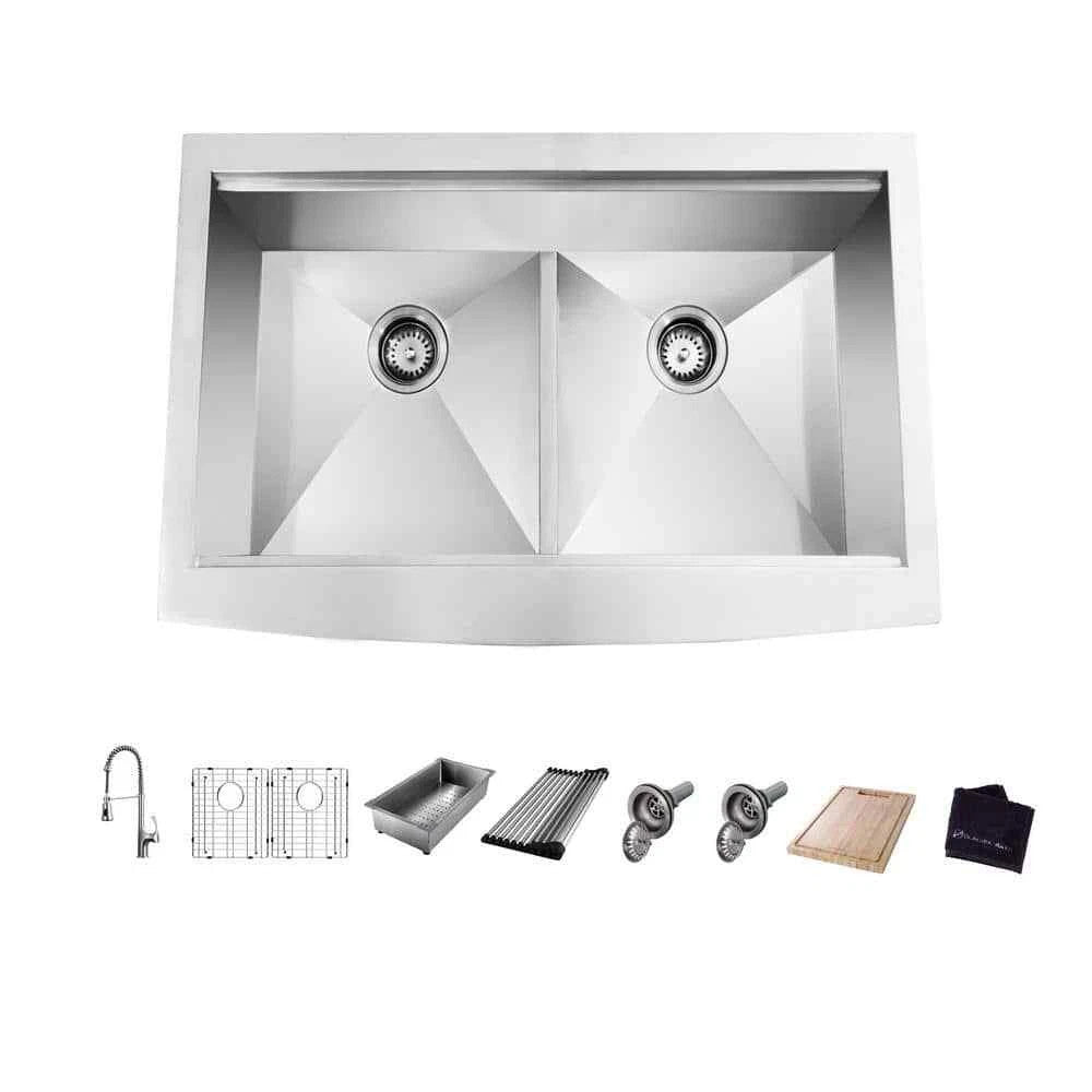Glacier Bay Zero Radius Farmhouse Apron-Front 18G Stainless Steel 33 in. Double