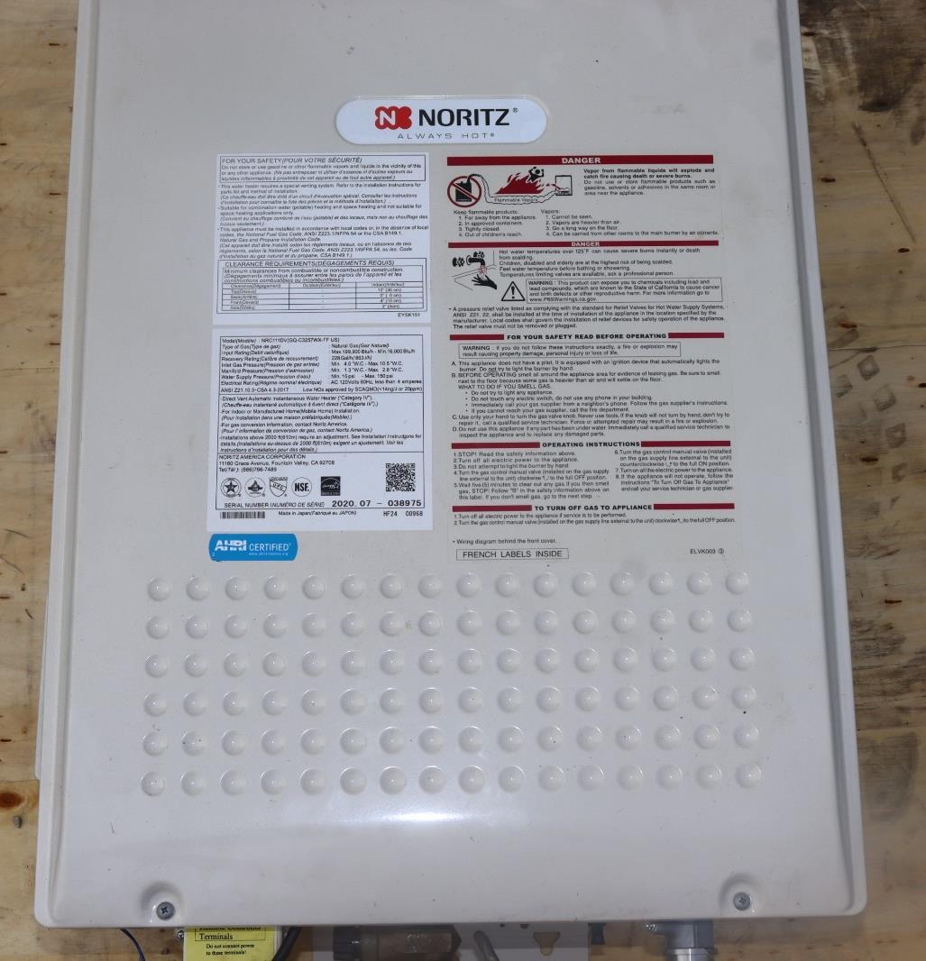 Noritz NRC111-DV-NG 199K BTU Natural Gas Tankless Water Heater, Used, w/ Valves