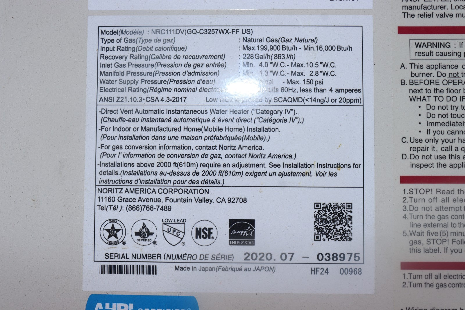 Noritz NRC111-DV-NG 199K BTU Natural Gas Tankless Water Heater, Used, w/ Valves