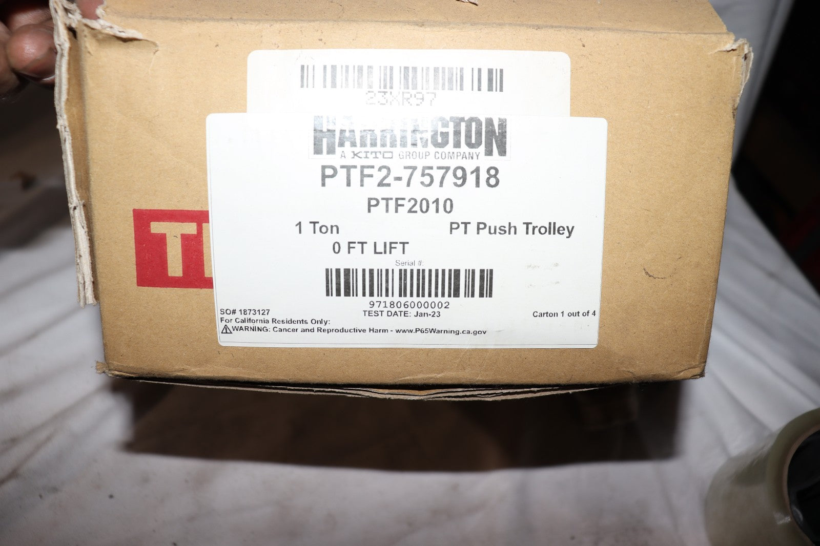 Harrington PTF2010, 1 Ton Push Trolley, 2-9/32" to 4", WITHOUT PIN