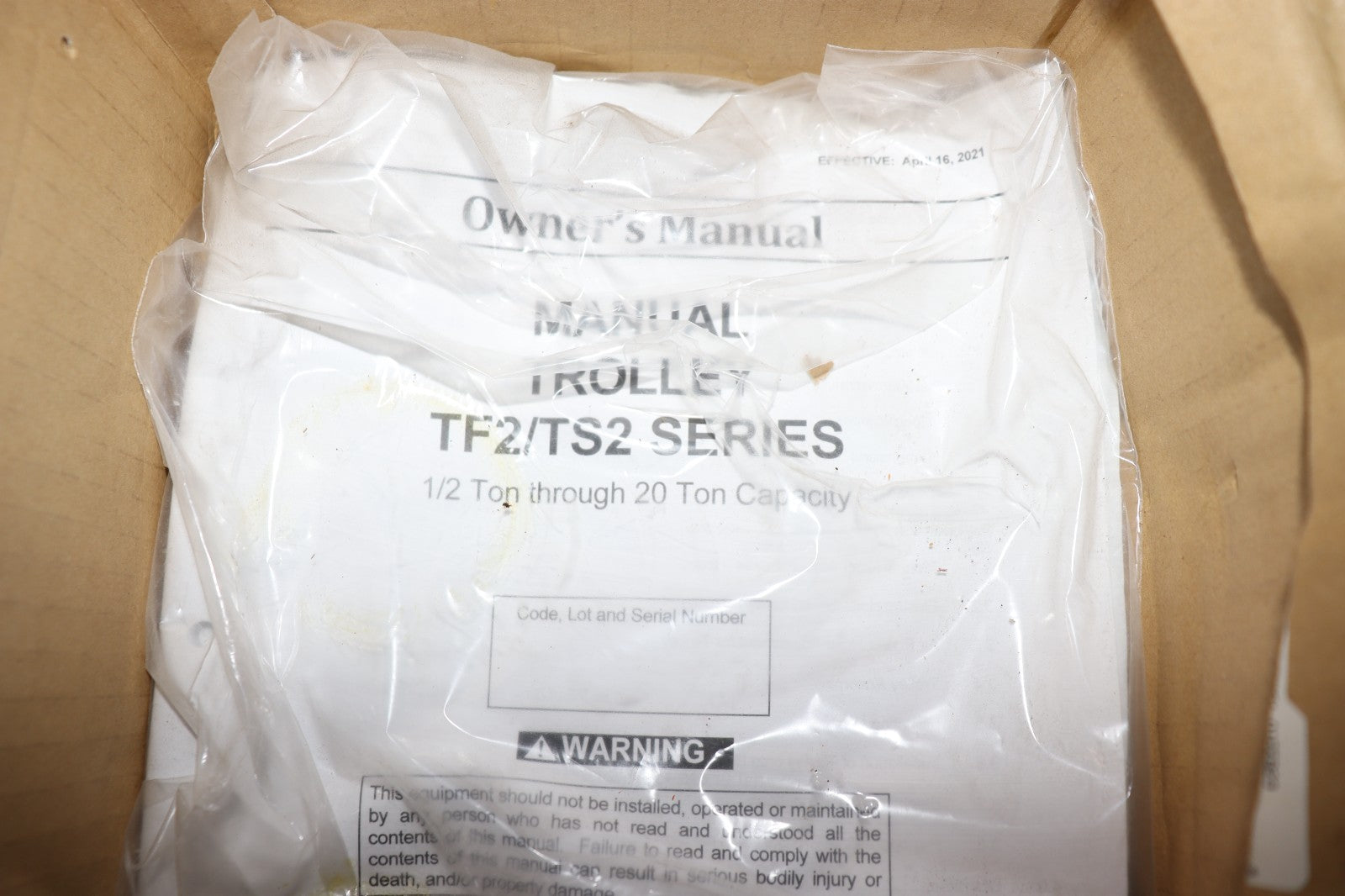 Harrington PTF2010, 1 Ton Push Trolley, 2-9/32" to 4", WITHOUT PIN