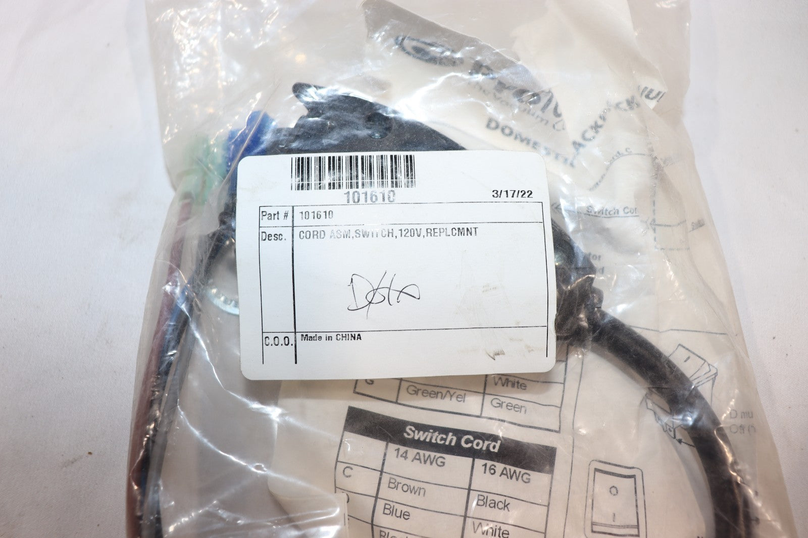 ProTeam Backpack Vacuum Switch Cord Assembly 101610, OEM