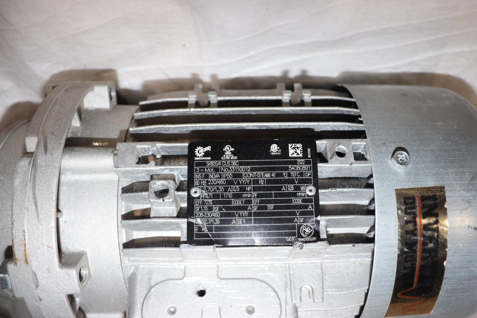 Nord SK80S/4 CUS 56C Motor 3/4HP W/ SK1SI50D-N56C-80S/4 CUS Gearbox 3PH 20:1 R