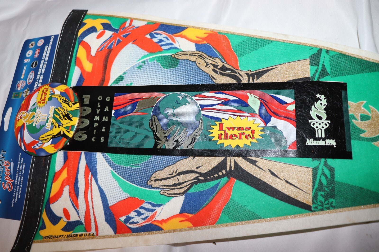 1996 Atlanta Summer Olympics Pennant Bumper Sticker, Pin Button, New - Northside Material Brokers