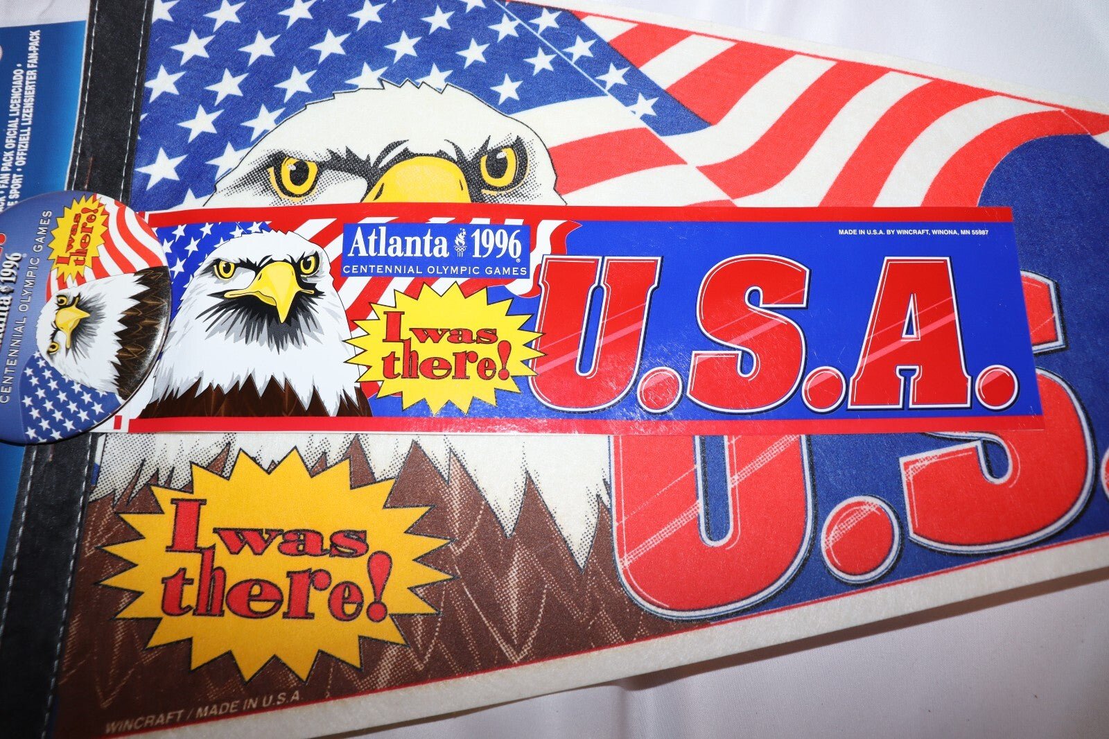 1996 Atlanta Summer Olympics Pennant, Bumper Sticker, Pin Button, New - Northside Material Brokers